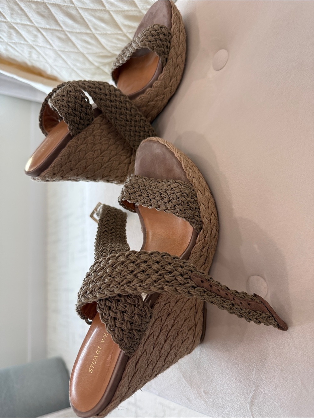 Stuart Weitzman Braided Taupe Espadrille Wedge Sandals - Picture 2 of 3